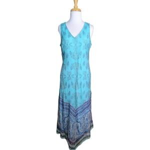 Sundance Midi Dress 4 Turquoise Blue Paisley Floral Handkerchief Hem Sleeveless